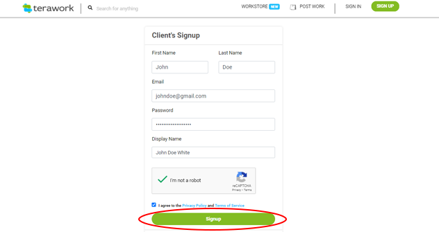 Sign up as a client on terawork